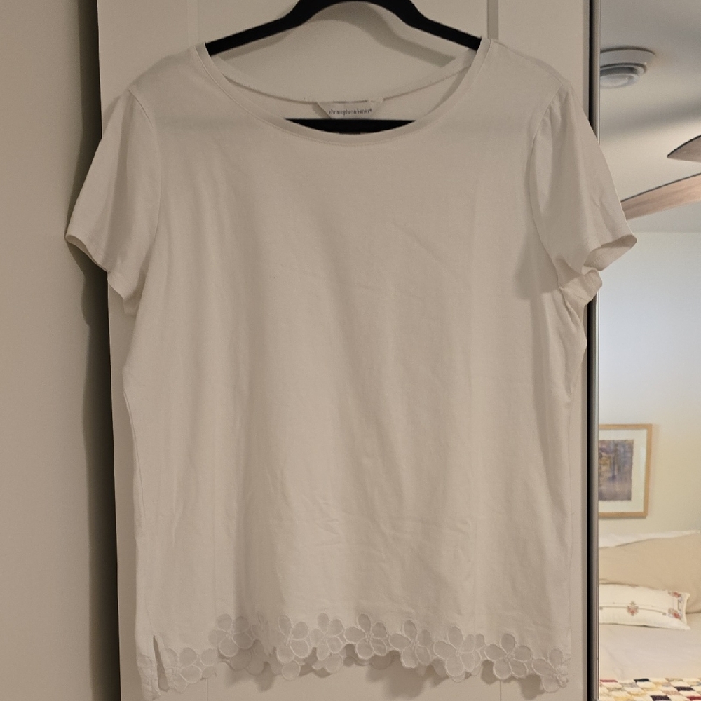 Christopher & Banks White Floral Hem Women's T-shirt Size L